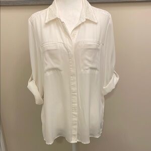 White 3/4 Sleeve Notched Collar Lace Women's Blouse  Sequins & Hearts